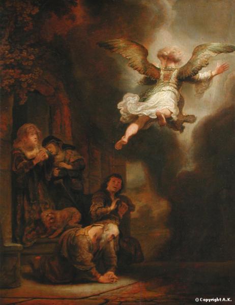 Rembrandt, L'archange Raphël quittant la famille de Tobie, 1637, huile sur bois, 66 x 52 cm, Louvre